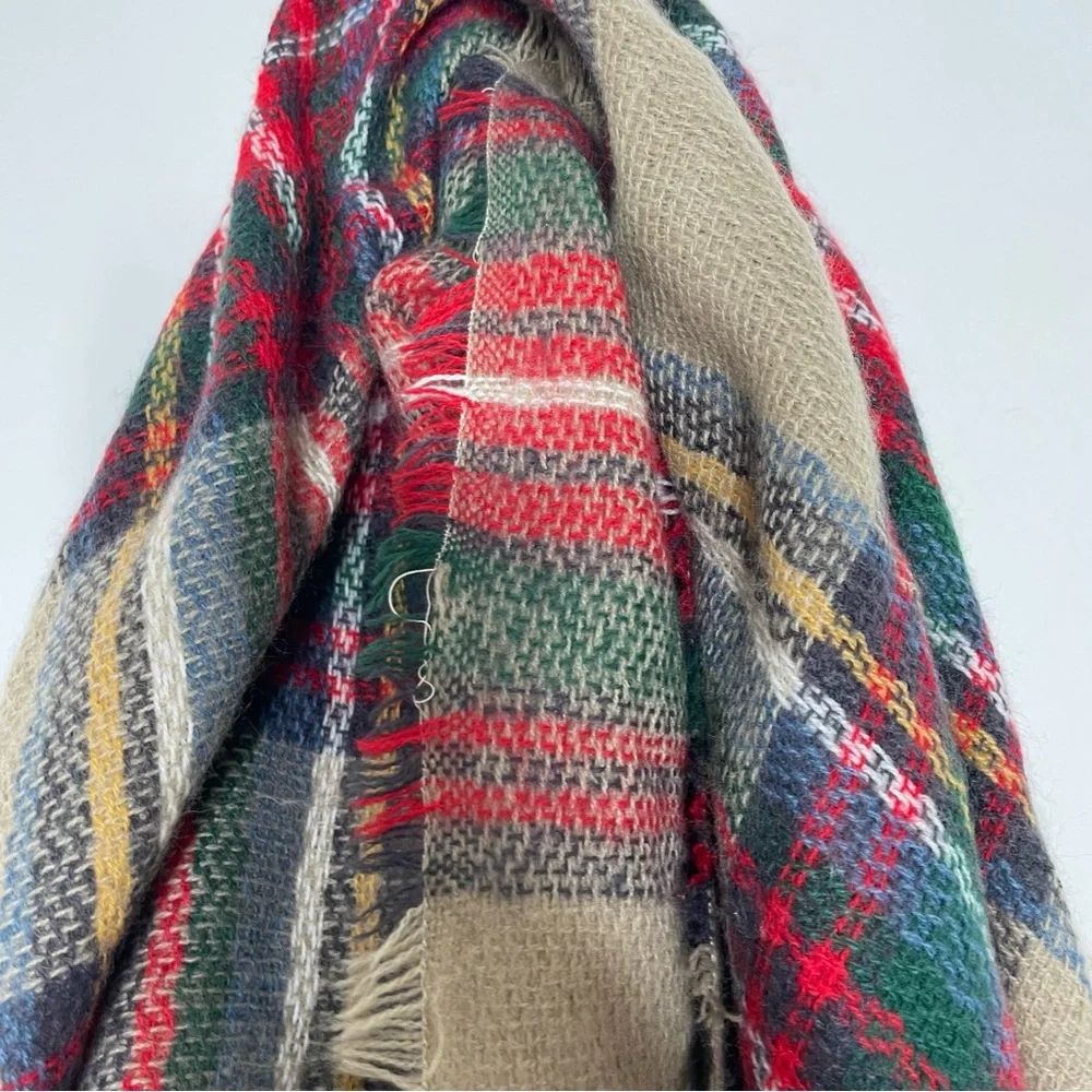 Vintage plaid multicolor blanket scarf fringe detailing perfect for Fall Winter